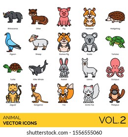 Animal icons including rhinoceros, otter, hamster, hedgehog, pigeon, sheep, guinea pig, koala, tortoise, turtle, killer whale, rabbit, llama, octopus, jaguar, kangaroo, arctic fox, platypus.