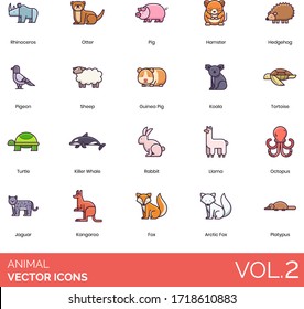 Animal icons including rhinoceros, otter, hamster, hedgehog, pigeon, sheep, guinea pig, koala, tortoise, turtle, killer whale, rabbit, llama, octopus, jaguar, kangaroo, arctic fox, platypus.