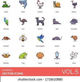 Animal icons including snake, shark, chicken, snail, ostrich, peacock, emu, panther, seal, porcupine, anteater, bee, hummingbird, mouse, kiwi, butterfly, frog, clam, squid, dove.