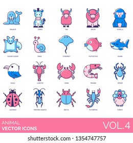 Animal icons including walrus, zebra, yak, bison, gorilla, sugar glider, snail, stingray, puffer fish, shark, eagle, lobster, crab, prawn, spider, ladybug, praying mantis, beetle, scorpion, turkey.