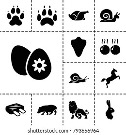 Animal icons. set of 13 editable filled animal icons such as rabbit, hippopotamus, snail, chicken, easter egg, meat, horse, lion