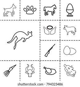 Animal icons. set of 13 editable outline animal icons such as egg, chicken, paw, extinct sea creature, horse, hundting gun, cow, dog, bull, kangaroo, hippopotamus