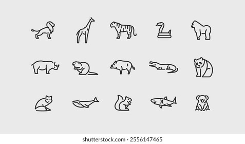 Animal icons. Set of 15 trendy minimal animal icons. Example: Lion, Giraffe, Tiger, Snake, Gorilla, Bear icons. Design signs for web page, mobile app, packaging design. Vector illustration.