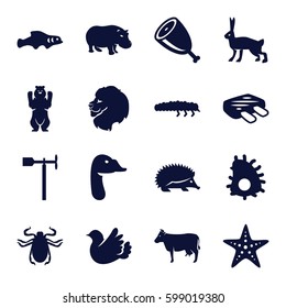 animal icons set. Set of 16 animal filled icons such as lion, cow, hedgehog, bear, hippopotamus, rabbit, beetle, goose, weather vane, caterpillar, bird, meat, starfish