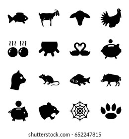 Animal icons set. set of 16 animal filled icons such as udder, goat, hog, panther, fish, mouse, spider web, swan heart, turkey, meat, piggy bank, paw