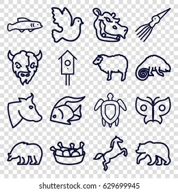 Animal icons set. set of 16 animal outline icons such as fish, bear, cow, sheep, goat, chameleon, hippopotamus, chicken leg, nesting house, turtle  illsutration, butterfly