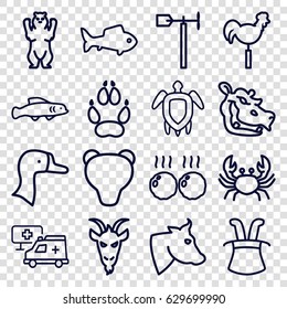 Animal icons set. set of 16 animal outline icons such as cow, bear, crab, goat, hippopotamus, animal paw, goose, weather vane, hospital, fish, meat, turtle  illsutration