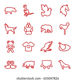 Animal icons set. set of 16 animal outline icons such as bear, eagle, horse, cangaroo, pig, wolf, hippopotamus, animal paw, seal, udder, weather vane, t-shirt with heart