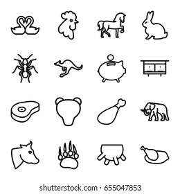 Animal icons set. set of 16 animal outline icons such as animal paw, rabbit, cow, horse, elephant, rooster, ant, cangaroo, udder, beehouse, meat leg, beef, swan heart, chicken