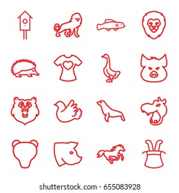 Animal icons set. set of 16 animal outline icons such as bear, hippopotamus, lion, pig, hedgehog, goose, horse, seal, nesting house, t-shirt with heart, bird, extinct fish