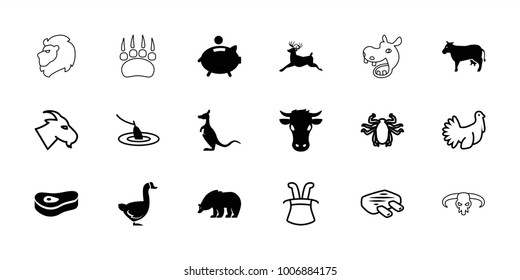 Animal icons. set of 18 editable filled and outline animal icons: cow, bear, deer, meat, piggy bank, fishing, goat, beetle, magic hat, turkey, kangaroo, goose, animal paw
