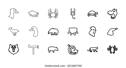 Animal icons. set of 18 editable outline animal icons: udder, bear, hippopotamus, panther, rooster, beetle, turtle, meat leg, goose, scorpion, crab, buffalo, antelope