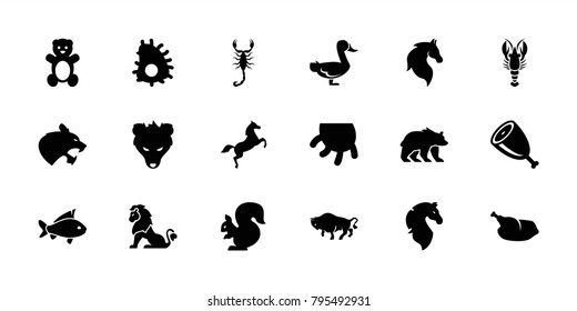 Animal icons. set of 18 editable filled animal icons: horse, scorpion, buffalo, teddy bear, chicken, meat, extinct sea creature, udder, lion, bear, panther, fish, crab