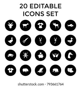 Animal icons. set of 20 editable filled animal icons such as fish, moose, bear, eagle, goose, scorpion, hippopotamus, goat. best quality animal elements in trendy style.