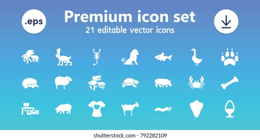 Animal icons. set of 21 editable filled animal icons includes lion, animal fang, hedgehog, sheep, fish, scorpion, crab, goat, t-shirt with heart, hospital, egg, goose, pig