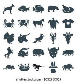 Animal icons. set of 25 editable filled animal icons such as giraffe, fish, dog, crab, hippopotamus, turkey, chicken leg, t-shirt with heart, chicken, turtle  illsutration