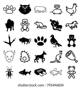 Animal icons. set of 25 editable filled and outline animal icons such as footprint of  icobird, fish, buffalo, teddy bear, paw, meat, chicken, mouse, horse, cangaroo