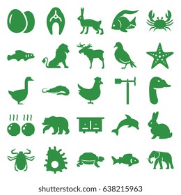 Animal icons set. set of 25 animal filled icons such as chicken, egg, fish, beehouse, lion, moose, bear, rabbit, dove, alligator, elephant, crab, goose, beetle, turtle