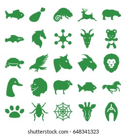 Animal icons set. set of 25 animal filled icons such as fish, giraffe, lion, eagle, cow, beetle, goose, goat, horse, sheep, deer, chameleon, hippopotamus, turtle, spider web
