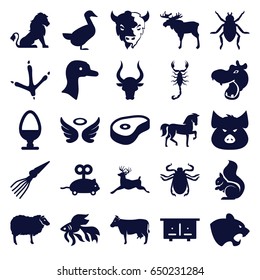Animal icons set. set of 25 animal filled icons such as goose, beehouse, lion, moose, hippopotamus, pig, cow, horse, beetle, panther, footprint of  icobird, sheep, scorpion