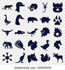 Animal icons set. set of 25 animal filled icons such as pig, goose, animal paw, moose, panther, lion, cow, bull skull, elephant, horse, scorpion, kangaroo, hippopotamus