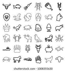 Animal icons. set of 36 editable outline animal icons such as goat, animal paw, lion, alligator, hippopotamus, bull skull, scorpion, cat, fish, egg, meat, piggy bank