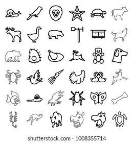 Animal icons. set of 36 editable outline animal icons such as beehouse, moose, hippopotamus, lion, beetle, parrot, deer, goose, buffalo, turtle, snail, teddy bear, wolf