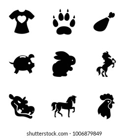 Animal icons. set of 9 editable filled animal icons such as rabbit, horse, meat leg, t-shirt with heart, rooster, hippopotamus, animal paw