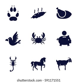 animal icons set. Set of 9 animal filled icons such as horse, scorpion, crab, goat, animal paw, love bird, chicken, meat