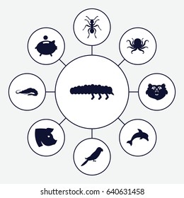 Animal icons set. set of 9 animal filled icons such as bear, alligator, octopus, parrot, ant, pig, caterpillar, piggy bank