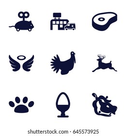 Animal icons set. set of 9 animal filled icons such as deer, hippopotamus, mouse toy, wings, beef, hospital, turkey, egg