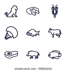 animal icons set. Set of 9 animal outline icons such as lion, hog, cow, fish, crab, meat