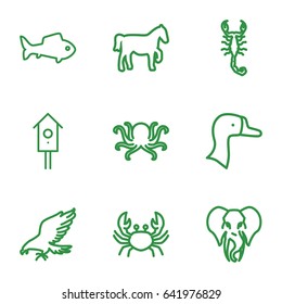 Animal icons set. set of 9 animal outline icons such as eagle, octopus, scorpion, crab, elephant, goose, nesting house, fish