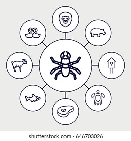Animal icons set. set of 9 animal outline icons such as lion, fish, goat, hippopotamus, beetle, nesting house, beef, swan heart