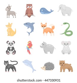 Animal icons set. Big collection of different wild animal. Predator and herbivorous, sea and ground animal symbol. Set of exotic animal in wild world cartoon style - stock vector