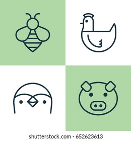 Animal Icons Set. Collection Of Bumblebee, Hen, Piglet And Other Elements. Also Includes Symbols Such As Diver, Chicken, Bee.