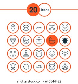 Animal Icons Set. Collection Of Butterflyfish, Baboon, Trunked Animal And Other Elements. Also Includes Symbols Such As Baboon, Globefish, Moose.