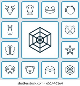 Animal Icons Set. Collection Of Butterflyfish, Toad, Cobweb And Other Elements. Also Includes Symbols Such As Piglet, Globefish, Fish.