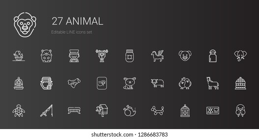 animal icons set. Collection of animal with cage, balloon modelling, without, birdhouse, fangs, fishing rod, turtle, love birds, ox, rabbit. Editable and scalable animal icons.