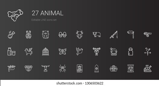 animal icons set. Collection of animal with cage, egypt, butterfly, spider, buffalo, monkey, sloth, magician, dove, bird cage, pegasus, milk. Editable and scalable animal icons.