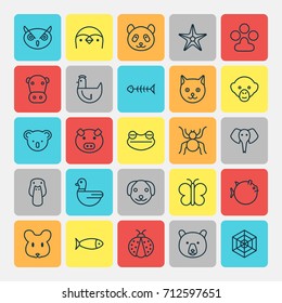 Animal Icons Set. Collection Of Duck, Seafood Skeleton, Trunked Animal And Other Elements. Also Includes Symbols Such As Baboon, Frog, Ladybird.