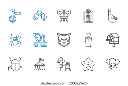 animal icons set. Collection of animal with elephant, starfish, fish, circus, egypt, birdhouse, tiger, bookworm, spider, duck, pet, butterfly. Editable and scalable animal icons.