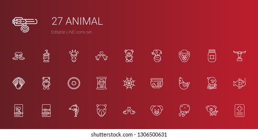 animal icons set. Collection of animal with frog, pig, love birds, camel, dolphin, fishbone, dinosaur, hen, fishbowl, spider web, cat food. Editable and scalable animal icons.