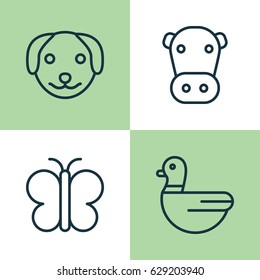 Animal Icons Set. Collection Of Goose, Kine, Moth And Other Elements. Also Includes Symbols Such As Puppy, Mallard, Insect.