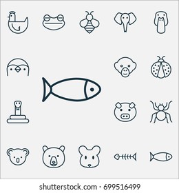 Animal Icons Set. Collection Of Grizzly, Duck, Seafood Skeleton And Other Elements. Also Includes Symbols Such As Honey, Snake, Toad.