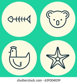 Animal Icons Set. Collection Of Hen, Seafood Skeleton, Starfish And Other Elements. Also Includes Symbols Such As Poultry, Marsupial, Bone.