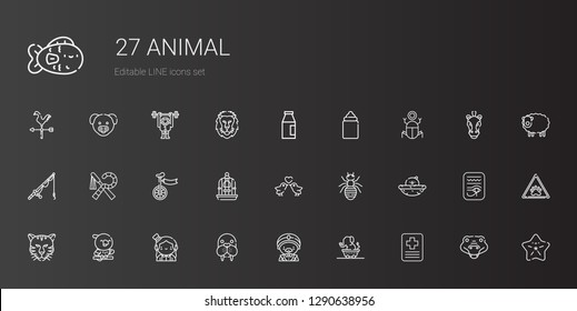 animal icons set. Collection of animal with hospital, elephant, magician, walrus, parrot, tiger, chick, ant, love birds, bird cage, unicycle. Editable and scalable animal icons.