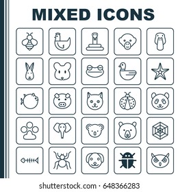 Animal Icons Set. Collection Of Ladybird, Grizzly, Beetle And Other Elements. Also Includes Symbols Such As Chimpanzee, Serpent, Bone.