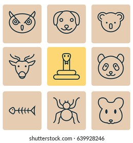 Animal Icons Set. Collection Of Night Fowl, Rat, Puppy And Other Elements. Also Includes Symbols Such As Bear, Reindeer, Cobweb.