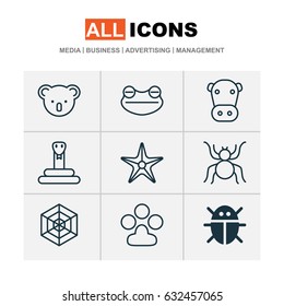 Animal Icons Set. Collection Of Serpent, Kine, Spider And Other Elements. Also Includes Symbols Such As Milk, Beetle, Kine.